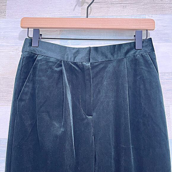 FRNCH PARIS Velvet Pleated Trousers Green Elastic Waist Work Career Womens Small - Picture 2 of 8